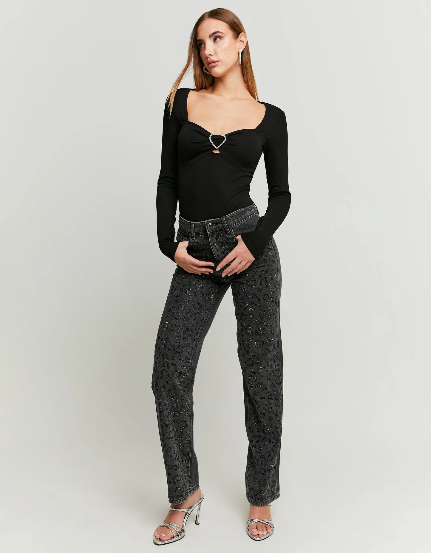 Schwarze Straight Leg Jeans Mit Leo Strass Muster