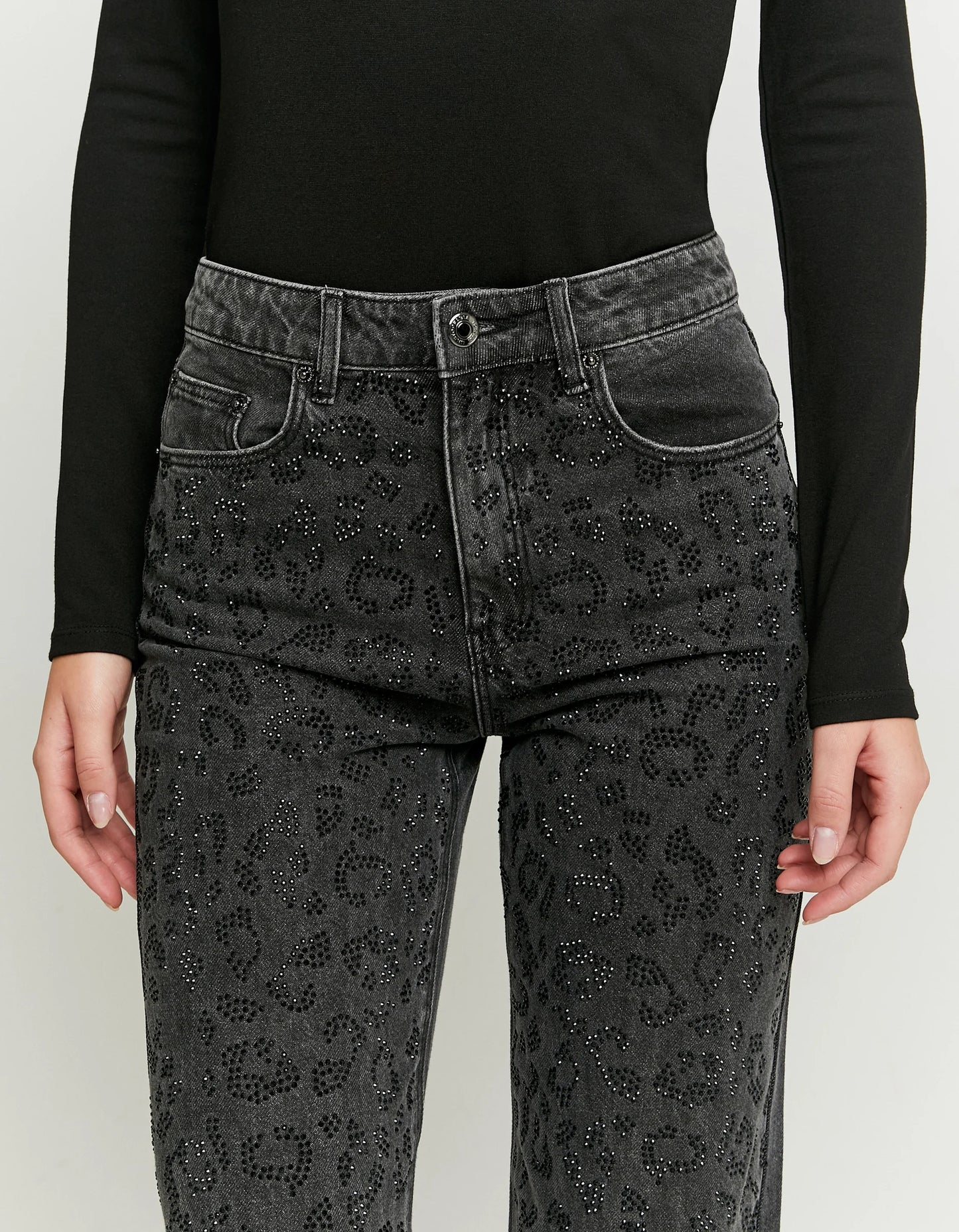 Schwarze Straight Leg Jeans Mit Leo Strass Muster